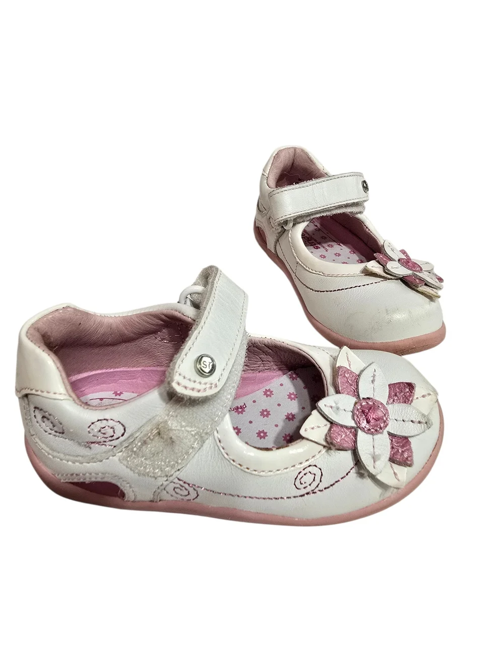 Stride Rite White Pink Flower Leather Strap Mary Jane Shoes Toddler Girl 6